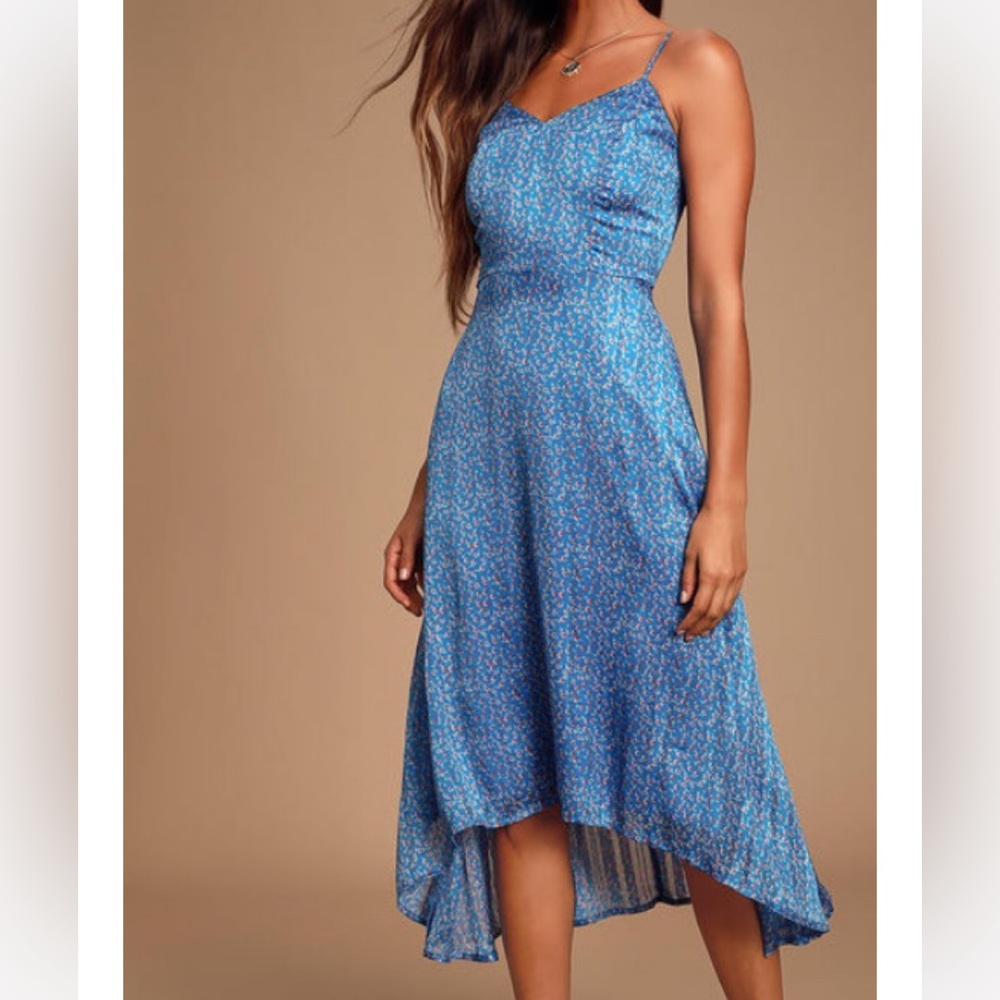 🆕 Lulus Dreams of Love Royal Blue Floral Print High-Low Midi Dress